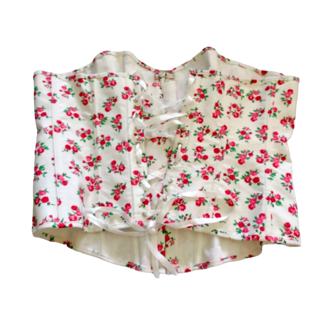 Adore Me Corset Lace Up Boned Bustier Pink Floral White Size 4XL